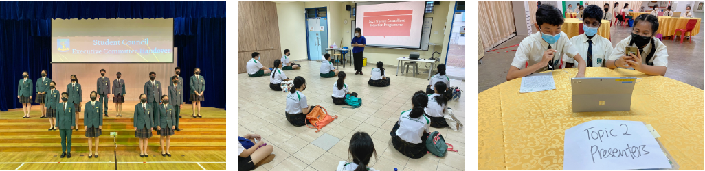 Three school scenes: students on stage, a classroom with students seated on the floor, and two masked students presenting Topic 2.